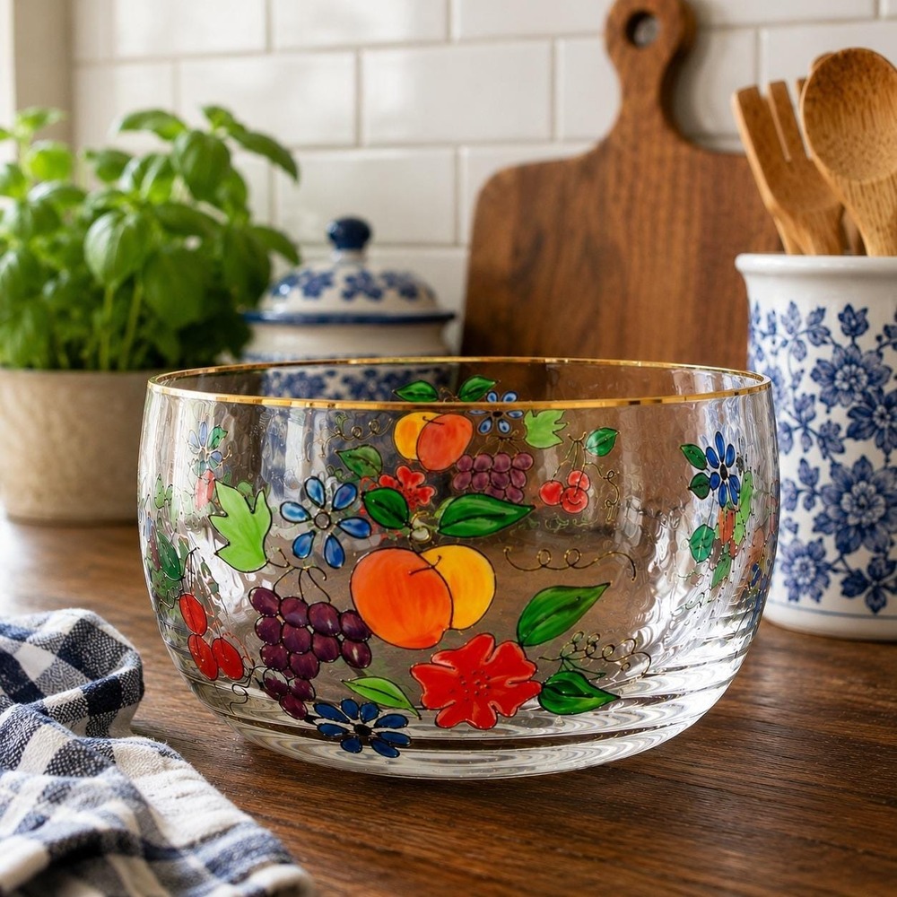 Vintage Hand Painted Glass Fruit Bowl Gold Rim Peaches Decorative Centerpiece